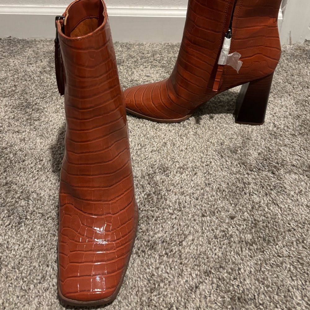Sam Edelman Croc-Embossed Tan Heeled Boots